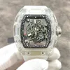Luxury Mens Mechanics Watches Richa Milles Wristwatch Transparent Trend 055 Automatic Machine Crystal Snow Glazed White Tape r Watch for Men