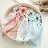 Sweet Fresh Floral Print Hairbands Handmade Elastic Rubber Bands Women Long Ribbon Ponytail Holder Simple Headwear Hair Accessories