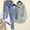 Damen Zweiteilige Hose Damen Gestreiftes Hemd Weste Jeans DREI Frühling Herbst Eleganter Blusenanzug Koreanische Mode Top Denim Hosen Set E