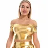 Summer Sexy Slash Neck Off Shoulder Metallic Crop Top Glitter Holographic Tank Short Vest Women Rave Festival Clubwear 220318