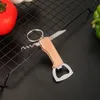 Beech Beer Bottle Opener Multifunctional Stainless Steel Folding Knife Keychains Wooden Wine Corkscrew Kitchen Tools