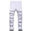 Elastic Knee Zipper Hole Men's Ripped Skinny Jeans White Slim Fit Embroidered Denim Pants Biker Casual Trousers Streetwear