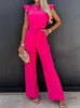 Summer Fashion Waist Lace-up Party Wide Leg Pant Women Elegant Solid Ruffle Sleeve Jumpsuit Casual Office O Neck Romper Overalls 220725