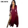 CM. Yaya Women Autumn High Side Slit Bodycon midi maxi sukienka ołówka długie rękawie bandaż sext klub nocny klub v-dępe sukienki 220516