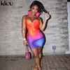Kliou Великолепная печатная мини -дрес эстетическая цветовая матча тонкая сексуальная расщепление камизоль
