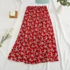 Sommar kjolar kvinna vintage blommig tryckt chiffong a-länk elastisk hög midja casual midi med foder för strand 220317