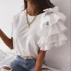 Chemisier de mode femmes élégant blanc couleur unie à volants à manches courtes asymétrique lâche t-shirt haut pour les femmes d'été chemisiers 220629