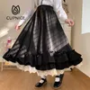 CUPNICE Japon Katı Renk Çift Katmanlı Vintage Fransız Ruffled A-Line Etek Hepburn Stil Siyah Yarım Kadın Uzun 220317