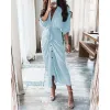 Kvinnor Aumtun Elegant Button Ruched Bandage Shirt Dress Fashion Long Sleeve Solid V Neck Beach Maxi Dress
