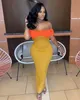 Long stickad klänning kvinnor sexig off-the-axel maxi klänningar orange gul 2022 våren kvinnlig baklöst bodycon vestidos