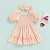 Mädchen Kleider Kleinkind Kinder Baby Mädchen Sommer Kleidung Prinzessin Einfarbig Geraffte Puff Kurzarm Punkte Kleid Party A-linie mit Stirnband