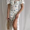 Jacqueline manches bouffantes mi-longue robe florale femmes rétro élégant Sexy fendu robe d'été décontracté froncé cordon robes été 220704