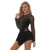 Stage Wear Women Shiny Rhinestone Figure Skating Dress Ladies See-through Mesh Patchwork Long Sleeve Ruffle Leotard Ballet Dancewear