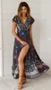 Vintage Chic Vestido Floral Print Bat Sleeve Beach Long Bohemian Maxi Sundress Ladies Sexy V Neck Summer Boho Dress 220321