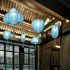 Lampade a sospensione Lampada a lanterna in stile cinese Lampada a sospensione creativa a sospensione a led blu Ristorante Lampada da balcone in tessuto antico