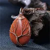 Novo estilo arame envolto árvore da vida natural aventurine gemstone teardrop pingente colar feito à mão cura cristal chakra jóias para menina