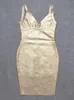 BEAUKEY High Quality Gold Print HL Bandage Dress Deep V-Neck Foiling Sexy Celebrity Maxi XL Bodycon Cocktail Party Club Dress 220423