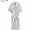 Zevity Women Chic Fashion Button-up Draped Midi Shirt Dress Vintage Short Sleeve Side Zipper Female Dresses Vestidos DS8602 220426