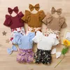 3 Stücke geboren Sommer Baby Mädchen Kleidung Set Kleinkind Knopf Strampler Geborenes Kleinkind Nettes Outfit Rüschen Kurzarm Shorts Stirnband 220608