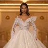 반짝이는 볼 가운 2022 웨딩 드레스 깎아 지른 긴장 긴 소매 신부 가운 레이스 아플리케 웨딩 드레스