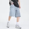 Pantalones cortos para hombres Verano Baggy Hombres Casual Denim Moda Thin Plaid Empalme Hip Hop Short Jeans Coreano High Street Pantalones de pierna anchaHombres