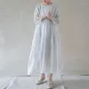 Casual Dresses Johnature Women Vintage Jacquard Floral Dress O-Neck Bat Sleeve White Robes 2022 Summer High Quality Cotton