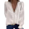 Kadınlar bluz gömlekleri katı v boyun işlemeli dantel uzun kollu şifon gömlek kadın üstleri mujer camisas mujerwomen