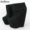 Sorbern Brown Wedges Short Booties Tjock plattform Turn Over Ladies High Heel Shoe för kvinnor 2021 Anpassade färger