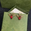 Bronze Letter Ruby Earrings Charm Inlaid Water Drop Red Zircon Earrings Women Diamond Eardrop With Gift Box