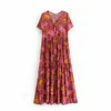 Happie Queens Vrouwen Diepe V-hals Knop Rode Bloemenprint Strand Bohemian Maxi Jurk Dames Rayon Zomer Boho Zonnejurk Vestidos 220531