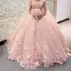 2022 Romantique Rose Clair 3d Fleurs Robe De Bal Quinceanera Robes De Bal Avec Cape Wrap Caftan Dentelle Perlée Longue Douce 16 Robe Vestidos 15 Anos Pageant Robe