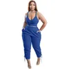 2022 Kvinnor Tvåbitar byxor Set Plus Size Sports Tracksuits Sexig Deep V Neck Vest and Bandage Sweatpants Casual Outfits