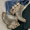 Läder fotled höst vintage frans kvinnor skor bekväm häl kvinnlig rutig dragkedja korta stövlar släpp frakt y200115