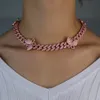 En gros rose animal papillon collier pendentif glacé 12mm chaîne cubaine couleur or rose cubique zircon femmes hip hop rock bijoux