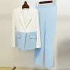 Blazer Pantolon Takım İki Parça Setler Kadın Beyaz Pembe Gökyüzü Mavisi Ekleme Renk Bir Düğme Pantolon Pantolon Set Resmi Takımlar 2022 YENİ