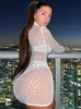 Повседневные платья Sexy Mesh See Through Party Club Черное облегающее мини-платье с пайетками для женщин 2022 Летняя мода с длинным рукавом Street OutfitsCasu