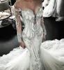 2022 illusion manches longues sirène robes de mariée cristal perlé luxe plus la taille robe de mariée balayage train pure bijou cou robe de novia