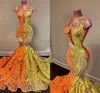 NEUE Lange Elegante Ballkleider 2022 Sheer O-Ausschnitt Orange und Gelb Pailletten Afrikanische Frauen Schwarze Mädchen Meerjungfrau Abendkleider