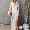 夏の女性S衣類レースドレス長袖vネックホローアウトビーチ刺繍白マキシ220521