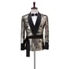 남자 양복 블레이저 최신 코트 팬츠 디자인 2022 슬림 반짝이는 금 흡연 재킷 이탈리아 턱시도 드레스 더블 가슴 남자 웨딩 그루