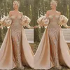 Şampanya Müslüman Boncuklu Abiye Lüks Sparkle Mermaid Fener Kollu Kadınlar için Örgün Parti Balo Elbise