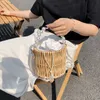 Women Straw Handbags And Purses Summer Rattan Basket Bag Woven Wicker Bucket Tote Bags Girls Pearl Chain Beach Travel Bag 220525