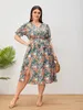 Summer Plus Size Stampa floreale Tie Front Strap Dres Boho Beach Casual Summer Slim Fit Abiti aderenti 220527