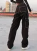 Weekeep bolsillos remiendo pantalones vaqueros holgados moda streetwear 100% algodón mujeres pantalones de mezclilla pantalones de carga sueltos pantalones vaqueros coreanos harajuku 220701