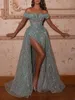 Vestidos de baile de sereia azul Princesa aplique lantejoulas fora de ombro sem mangas v pescoço de pescoço de pescoço comprimento de fenda lateral alta de alta fenda
