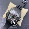 Watches Wristwatch Designer Luxury Mens Mechanical Watch Original 011 RM11-03 Flyback Chronograph Black Forged Carbon Case on Rubber Strap