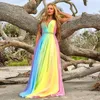 Ombre Colorful Prom Dress Sheer Deep V Neck A Line Abiti da sera plissettati Rainbow Sweep Train Chiffon Plus Size Abito formale per occasioni speciali