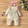 Spring herfst babykleding meisje lief baby meisje rompers katoen 2 pc's bloem print ruches lange mouwen baby rompers+hoofdband 0-18m g220510