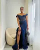Neue Plus Size Arabisch Aso Ebi Marineblau Meerjungfrau Ballkleider Spitze Perlen Abend formelle Party Zweiter Empfang Geburtstag Verlobungskleider Kleid