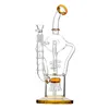 12.8-Inch Recycler Glass Bong with Brown Mouthpiece, Bent Neck, Coil Perc, and Tree Percolator - 14mm Female Joint